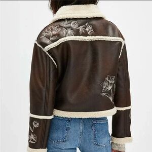 FREE PEOPLE/DRIFTWOOD Chocolate Leather Jacket with Floral Accents